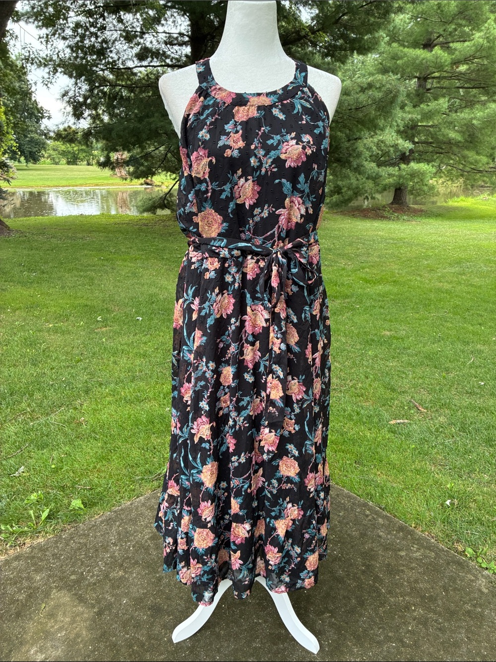 TORRID (size2) - Floral Halter Maxi Dress in Black with Pink Flower Accent